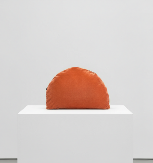 Geometric II sculptural velvet cylindrical cushion in burnt orange by OOOW Sydney — handmade collectible architectural object