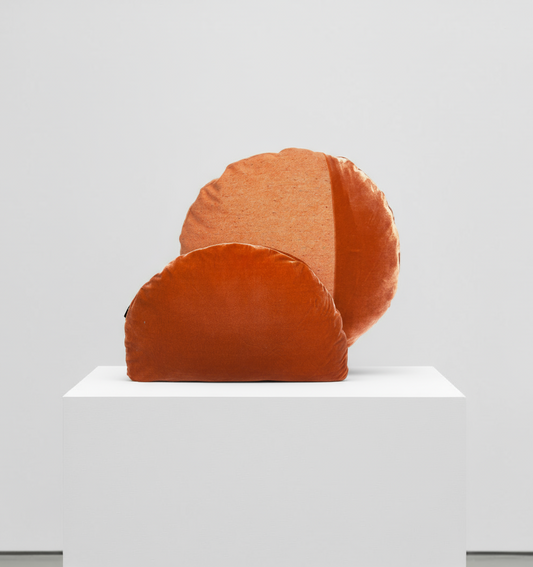 Geometric Set confetti wool and velvet cushions in burnt orange by OOOW Sydney — handmade collectible architectural objects