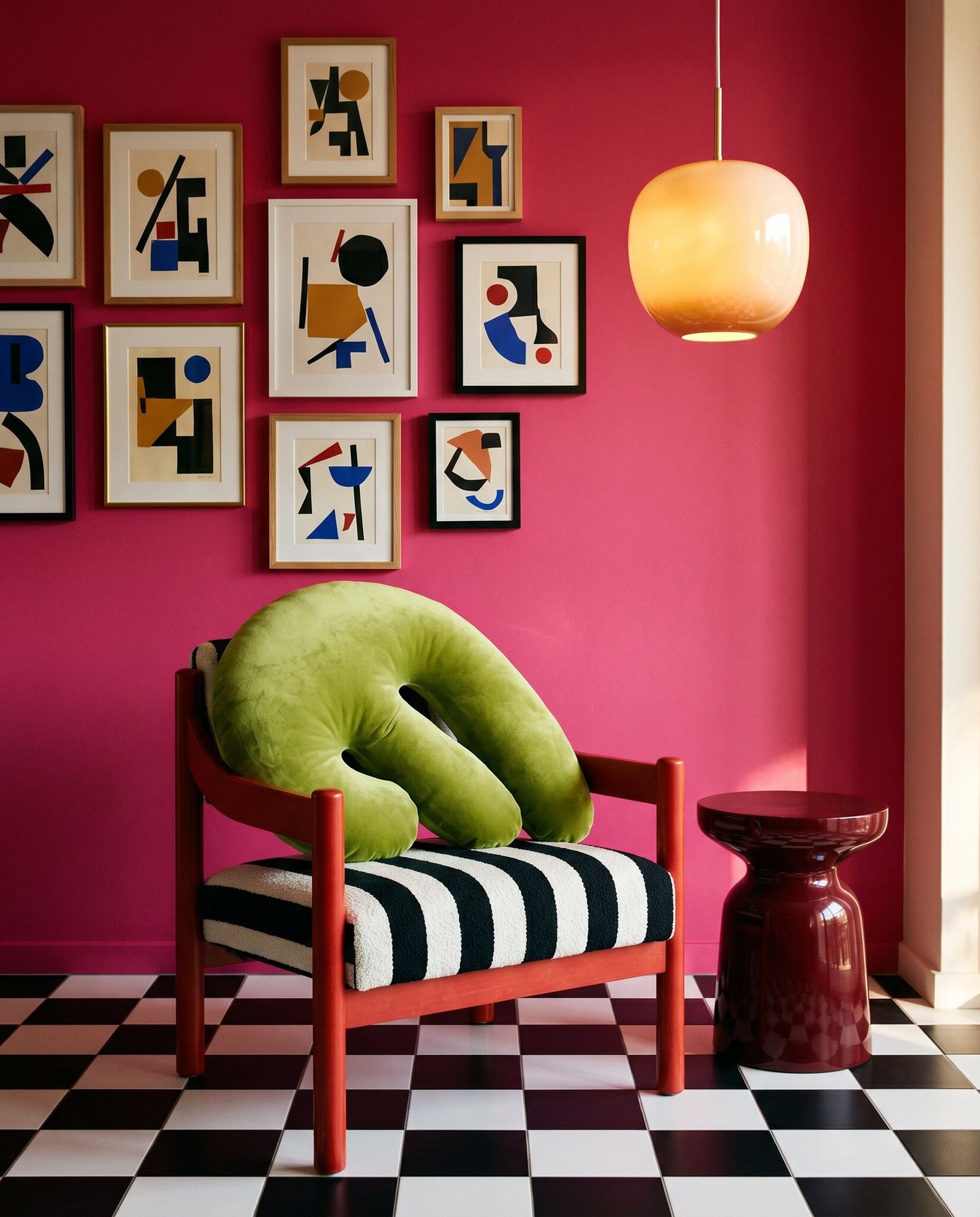 Splash III Peridot Green on a Vico Magistretti-style striped armchair in a hot magenta Memphis-inspired Sydney apartment